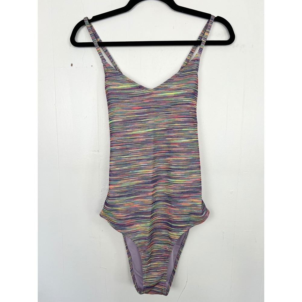 Aerie Rainbow Textured Lace Up Back One Piece Full Coverage Swimsuit Medium Long
